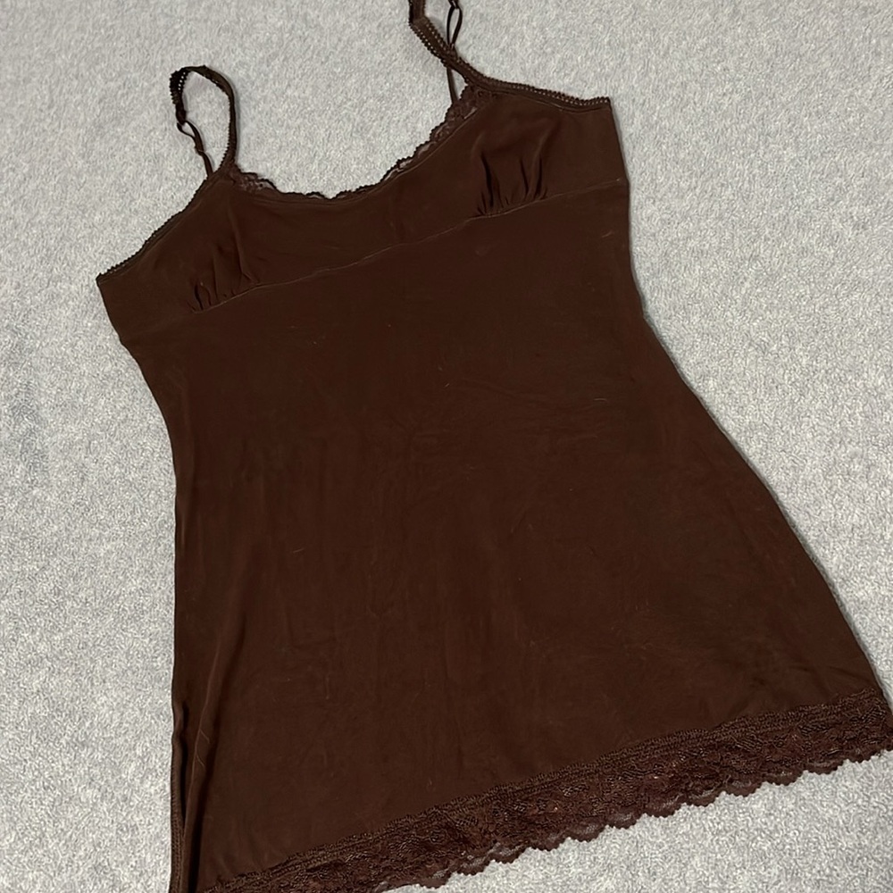 Y2K Brown Tank Top Cami Large Lace Trim Bella Diaries Babydoll